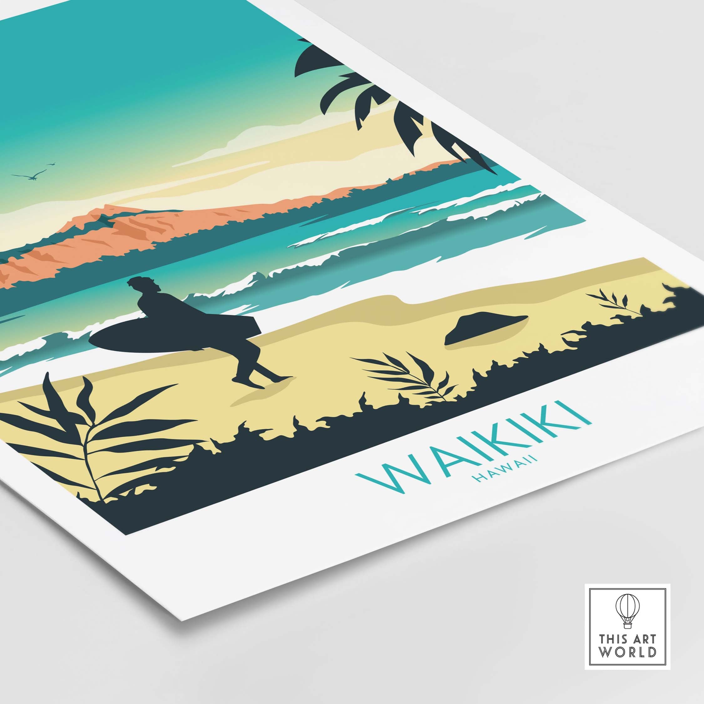 Stylish Waikiki Hawaii Poster Print featuring a surfer and scenic beach, capturing travel wanderlust and vintage art.
