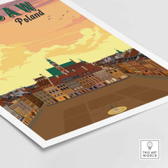Illustration of Warsaw, Poland, vintage travel poster with colorful buildings and sunset sky.