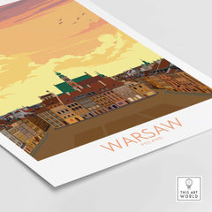Warsaw print Poland poster featuring a vintage-inspired cityscape with warm colors for stylish wall art.