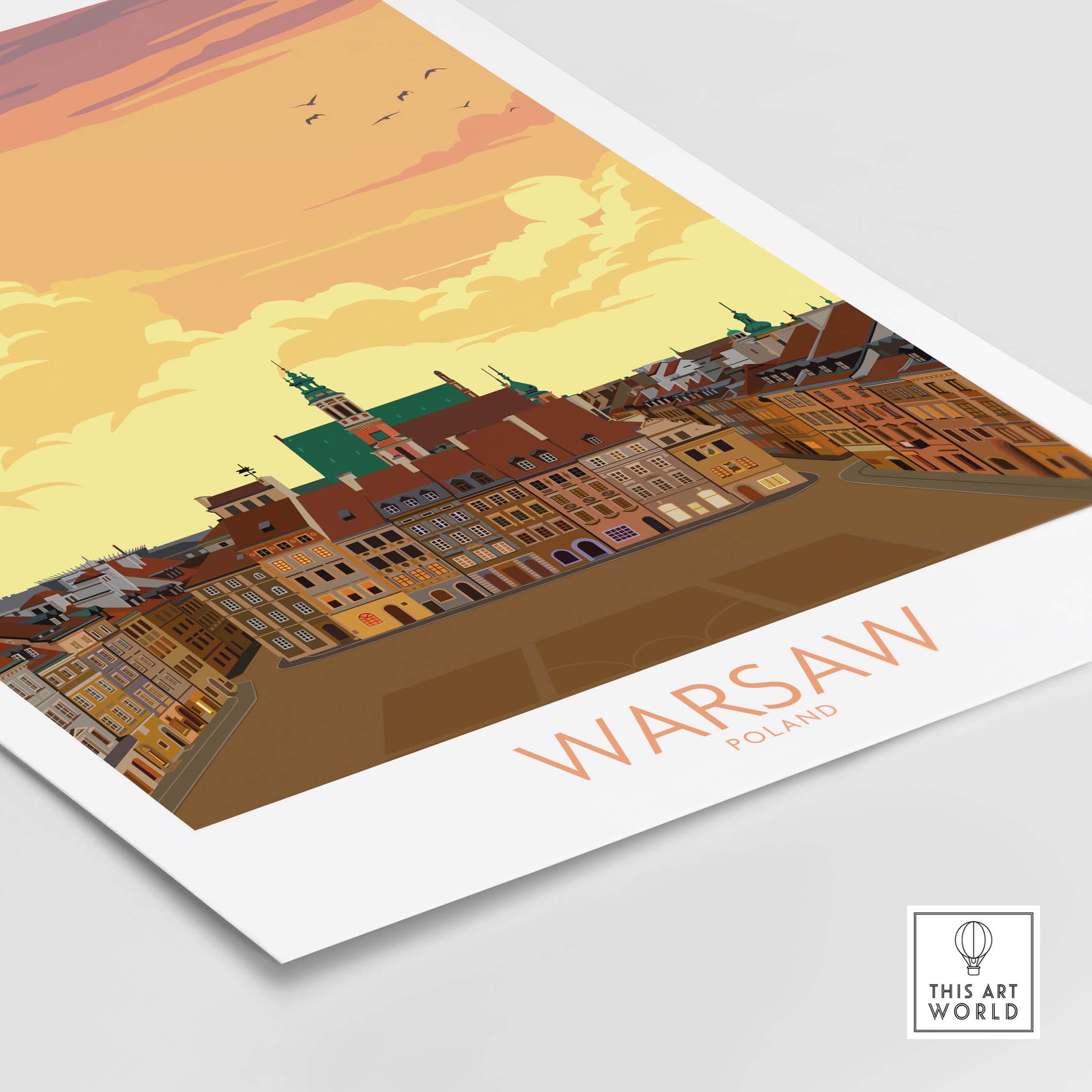 Warsaw print Poland poster featuring a vintage-inspired cityscape with warm colors for stylish wall art.