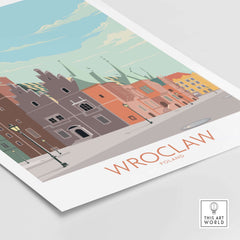 Wroclaw Poland travel poster featuring vintage style buildings and nostalgic colors for home decor.