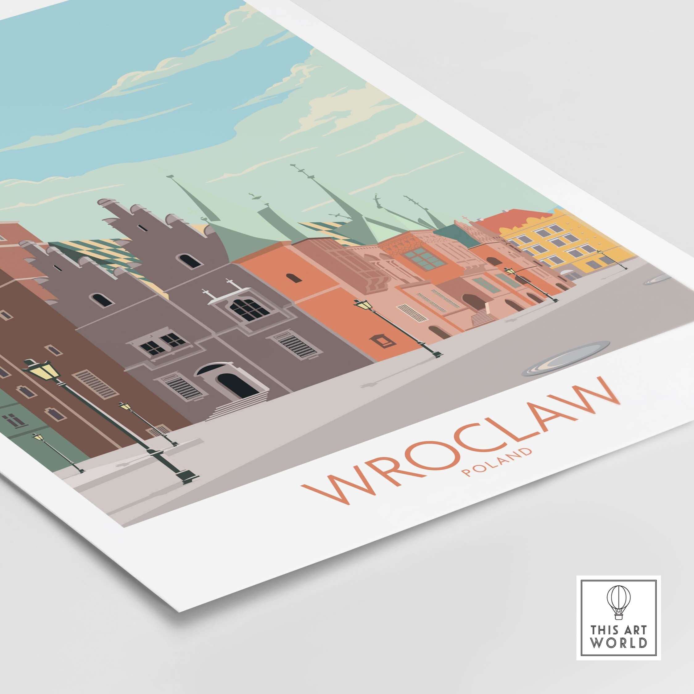 Wroclaw Poland travel poster featuring vintage style buildings and nostalgic colors for home decor.