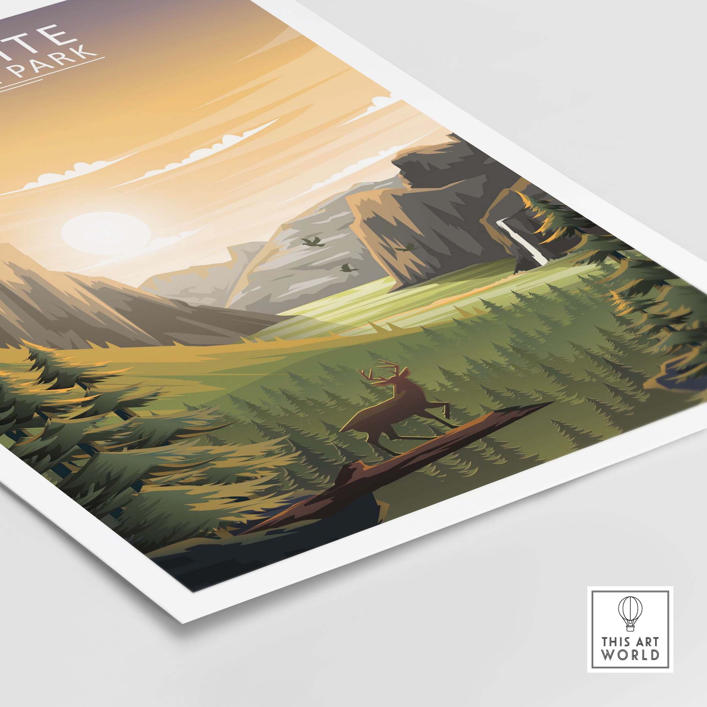 Yosemite Poster featuring a scenic landscape with deer, mountains, and sunset in a minimalist style.