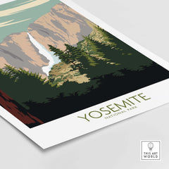 Yosemite National Park poster print featuring vintage-inspired artwork of Yosemite Valley.
