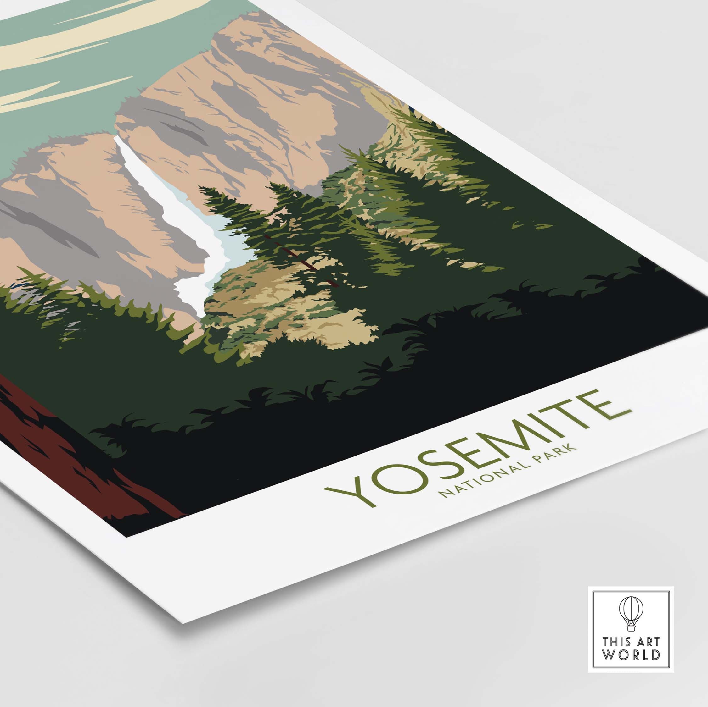 Yosemite National Park poster print featuring vintage-inspired artwork of Yosemite Valley.
