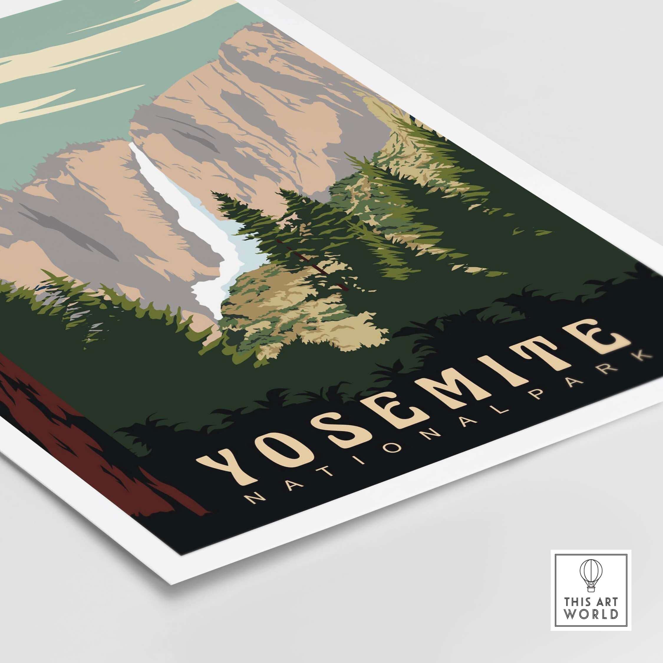 Vintage-style Yosemite National Park print featuring majestic waterfalls and lush forests.