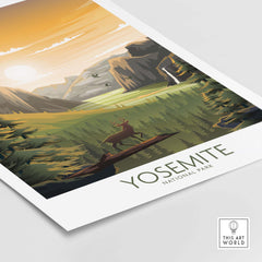 Yosemite National Park poster featuring a serene landscape with a deer and vibrant sunset. Perfect for home decor.