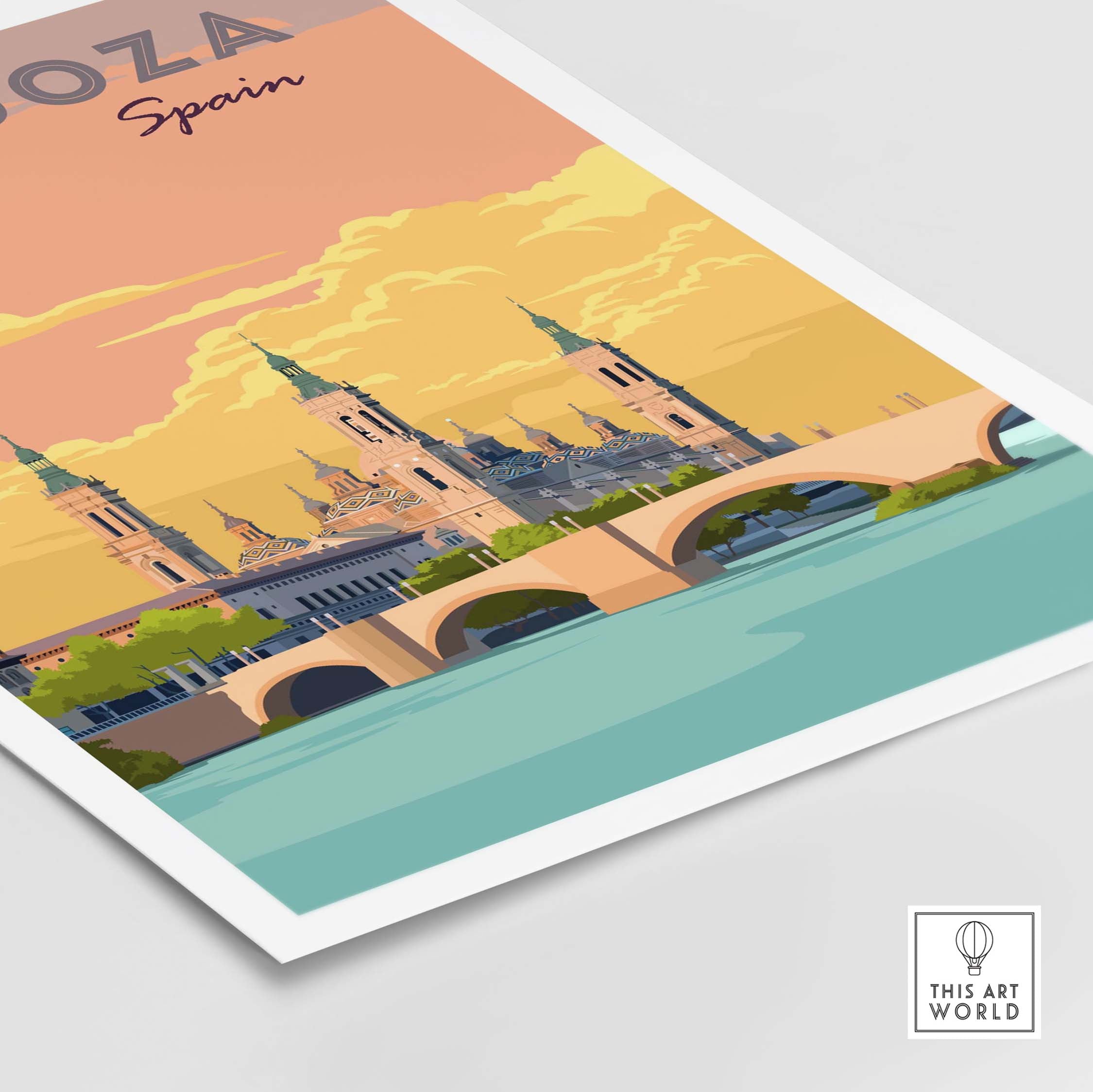Zaragoza Spain Print featuring vibrant vintage design of the city's skyline and river, perfect for travel enthusiasts.