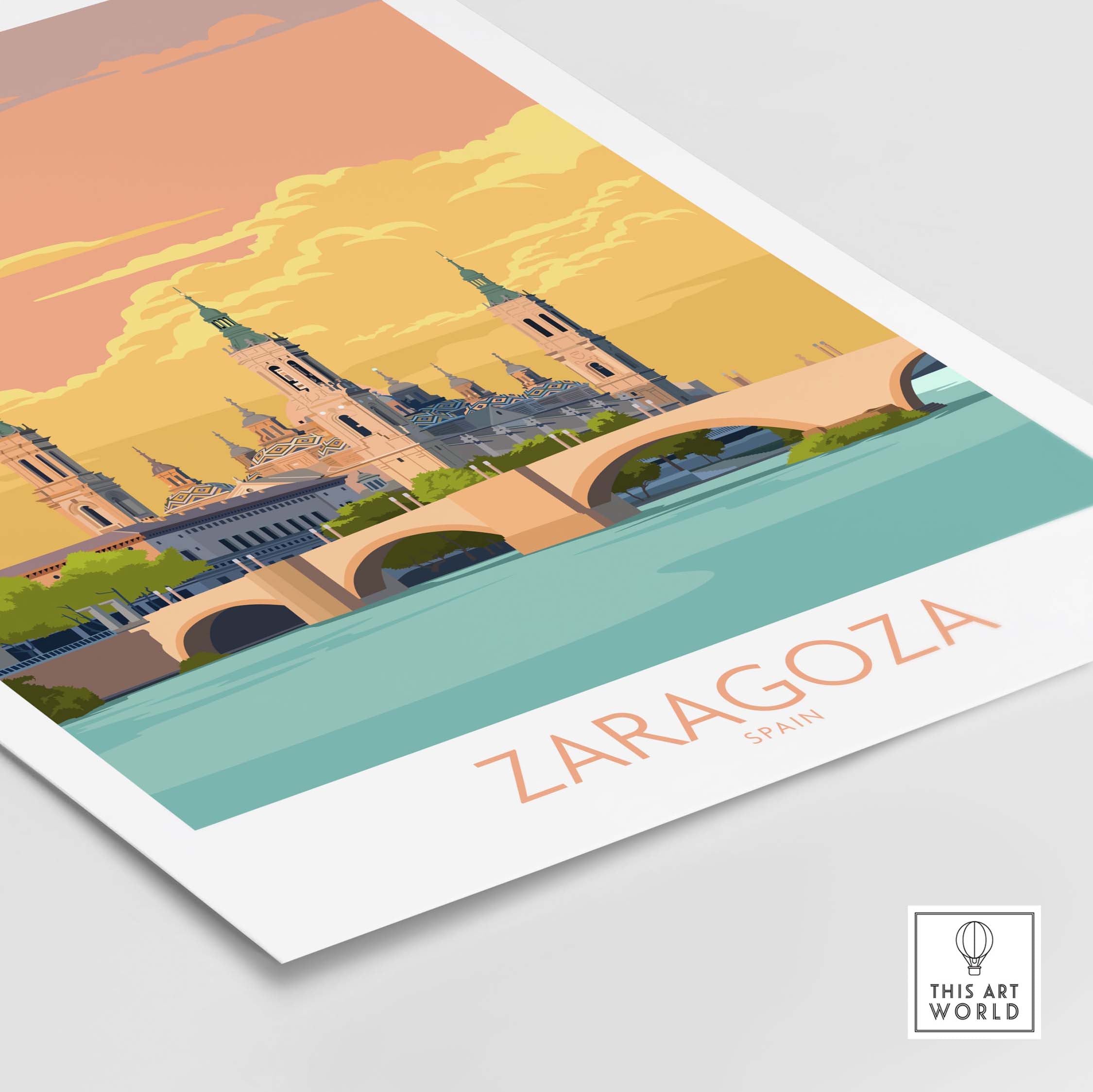 Zaragoza Spain poster showcasing the iconic architecture and bridge, perfect for travel-inspired home decor.