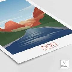 Zion National Park art print showcasing minimalist design with red rock formations and serene river scenery.
