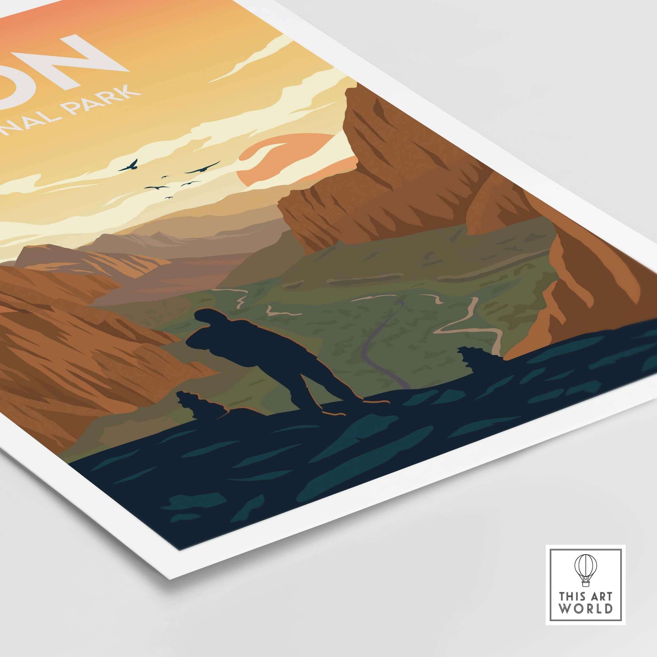 Zion National Park poster featuring a minimalist landscape design with a silhouette of a hiker at sunset.