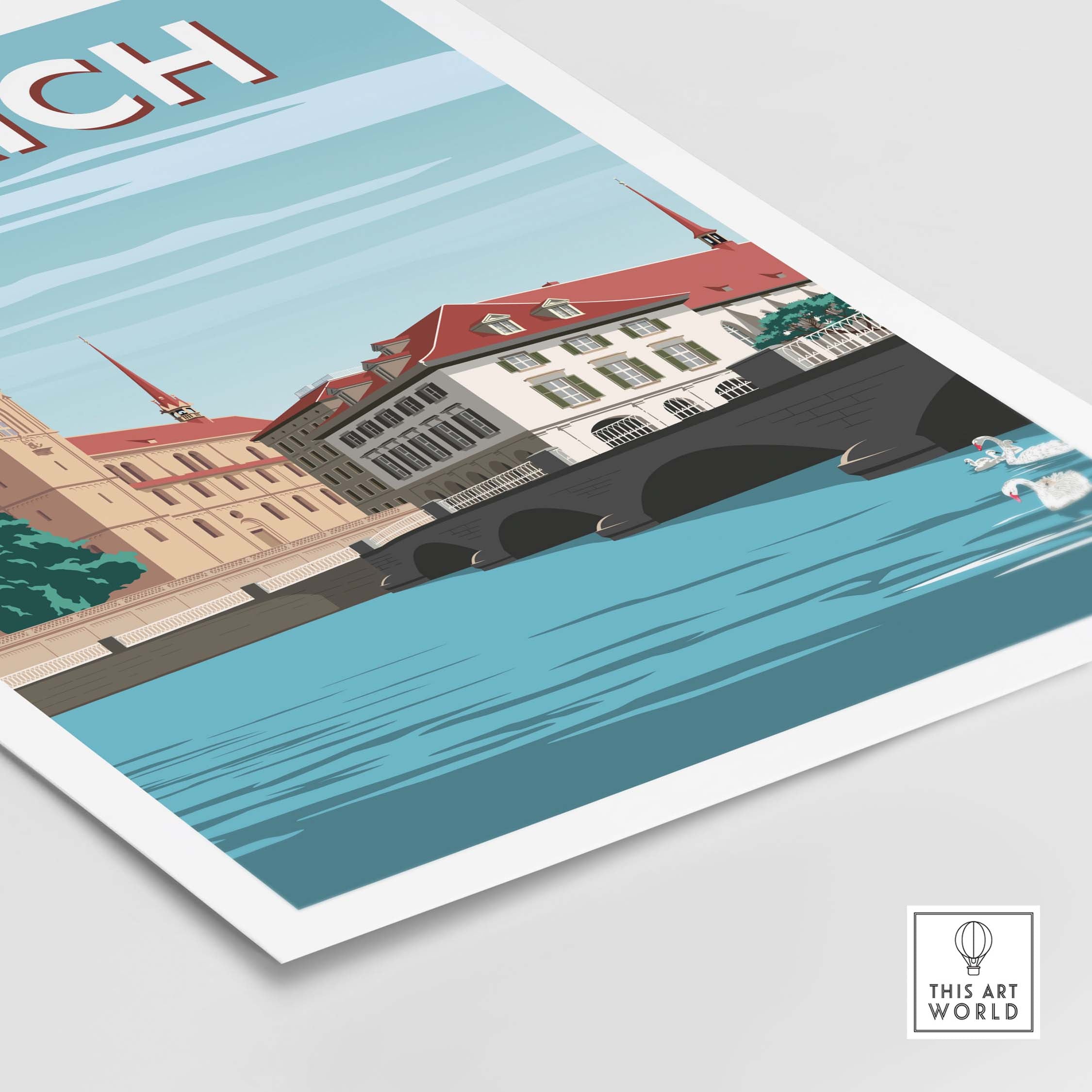 Zurich Switzerland travel poster print featuring minimalist design and vintage style.