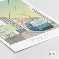 Zurich Print Travel Poster showcasing a vintage tram with buildings, green tones, and artistic design elements.