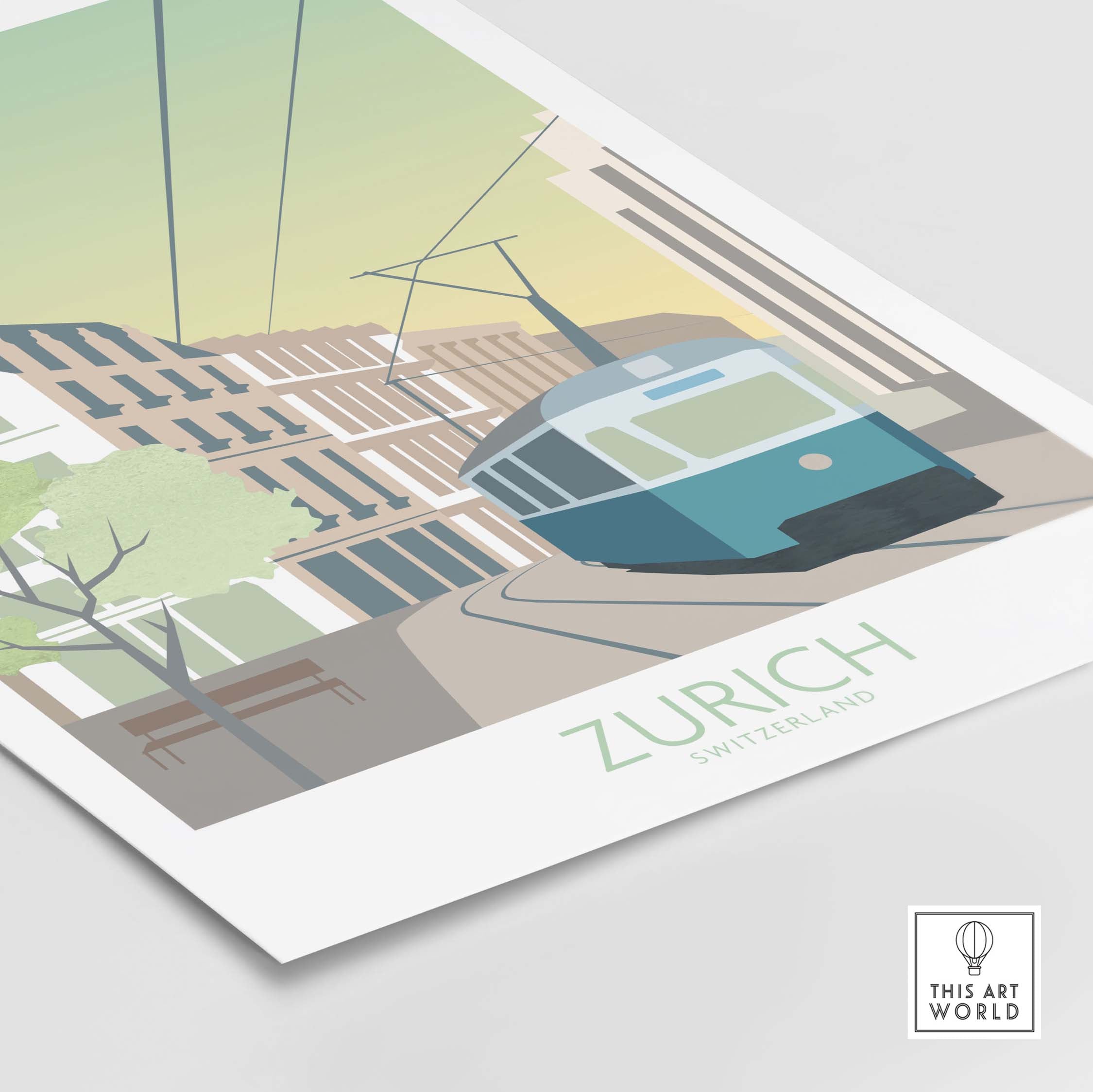 Zurich Print Travel Poster showcasing a vintage tram with buildings, green tones, and artistic design elements.