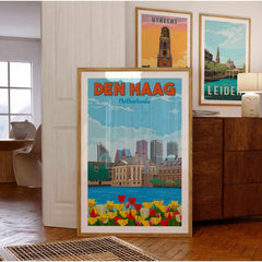 Den Haag wall art print featuring vibrant tulips and city skyline, perfect for home or office decor.
