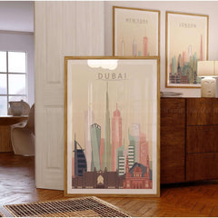 Dubai city skyline print featuring iconic buildings in warm pastel tones, ideal for stylish wall decor.