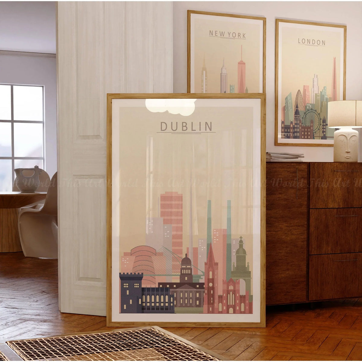 Dublin skyline wall art print in pastel tones, framed, showcasing iconic architecture in a stylish interior setting.