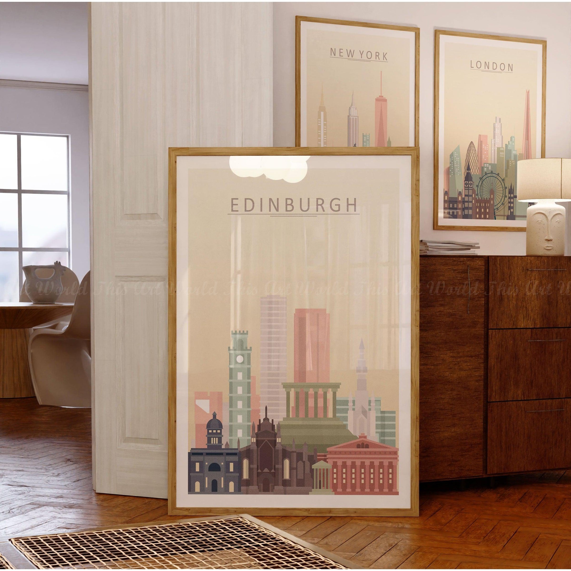 Edinburgh skyline print showcasing iconic architecture in warm pastel tones, perfect for wall art decor.