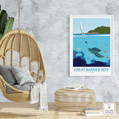 Great Barrier Reef Poster showcasing minimalist art style with sea turtle and sailboat, perfect for home decor.