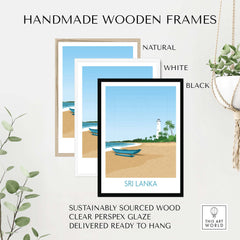 Handmade wooden frames in natural, white, and black for Sri Lanka wall art print with sustainable materials.