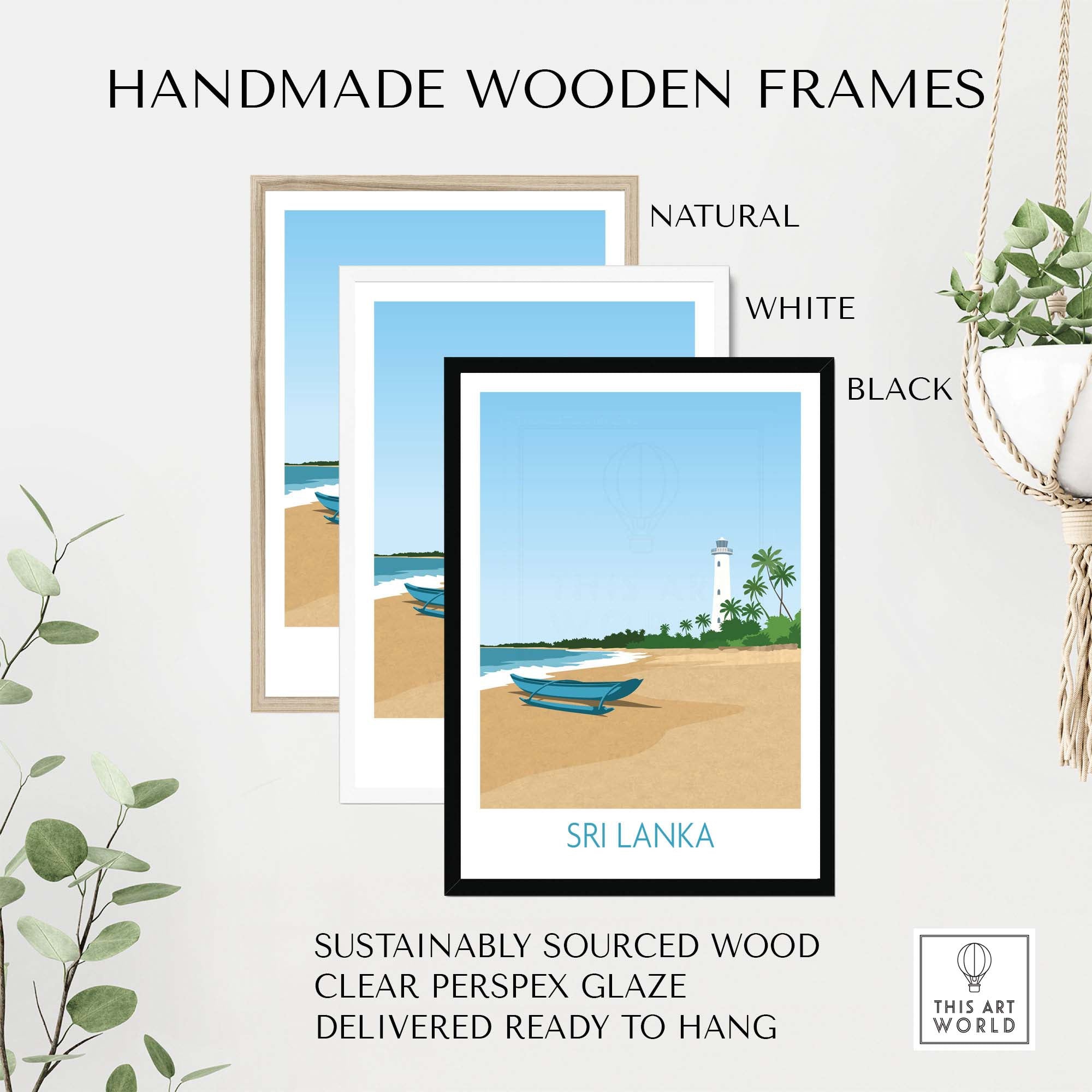 Handmade wooden frames in natural, white, and black for Sri Lanka wall art print with sustainable materials.