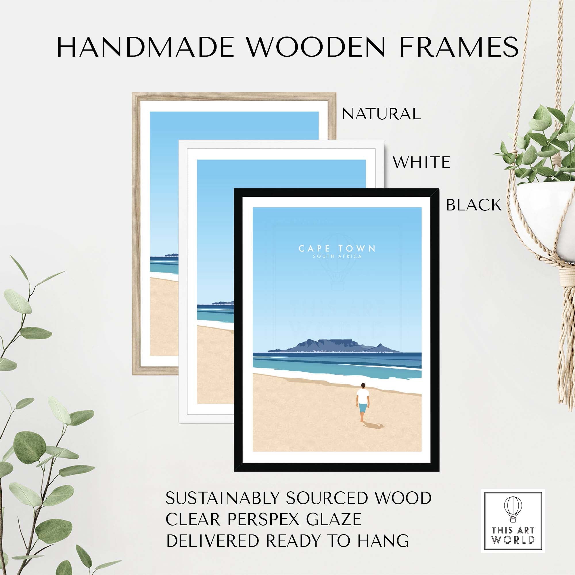 Handmade wooden frames in natural, white, and black for Cape Town art print, sustainably sourced and ready to hang.