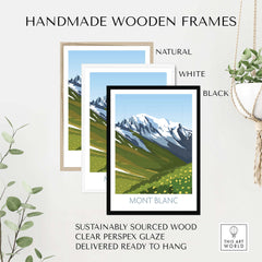 Mont Blanc Print in handmade wooden frames, featuring natural, white, and black options with sustainable materials.