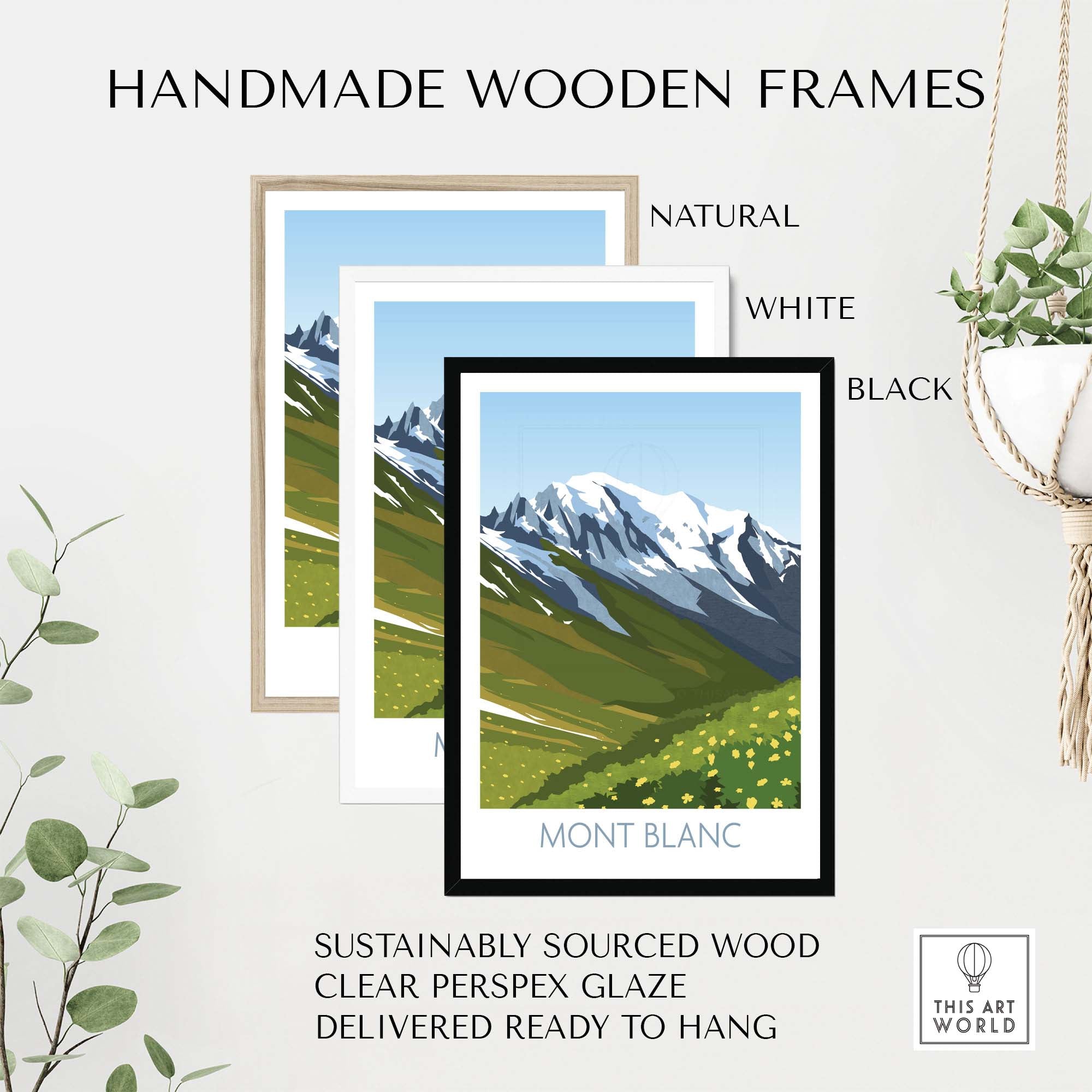 Mont Blanc Print in handmade wooden frames, featuring natural, white, and black options with sustainable materials.