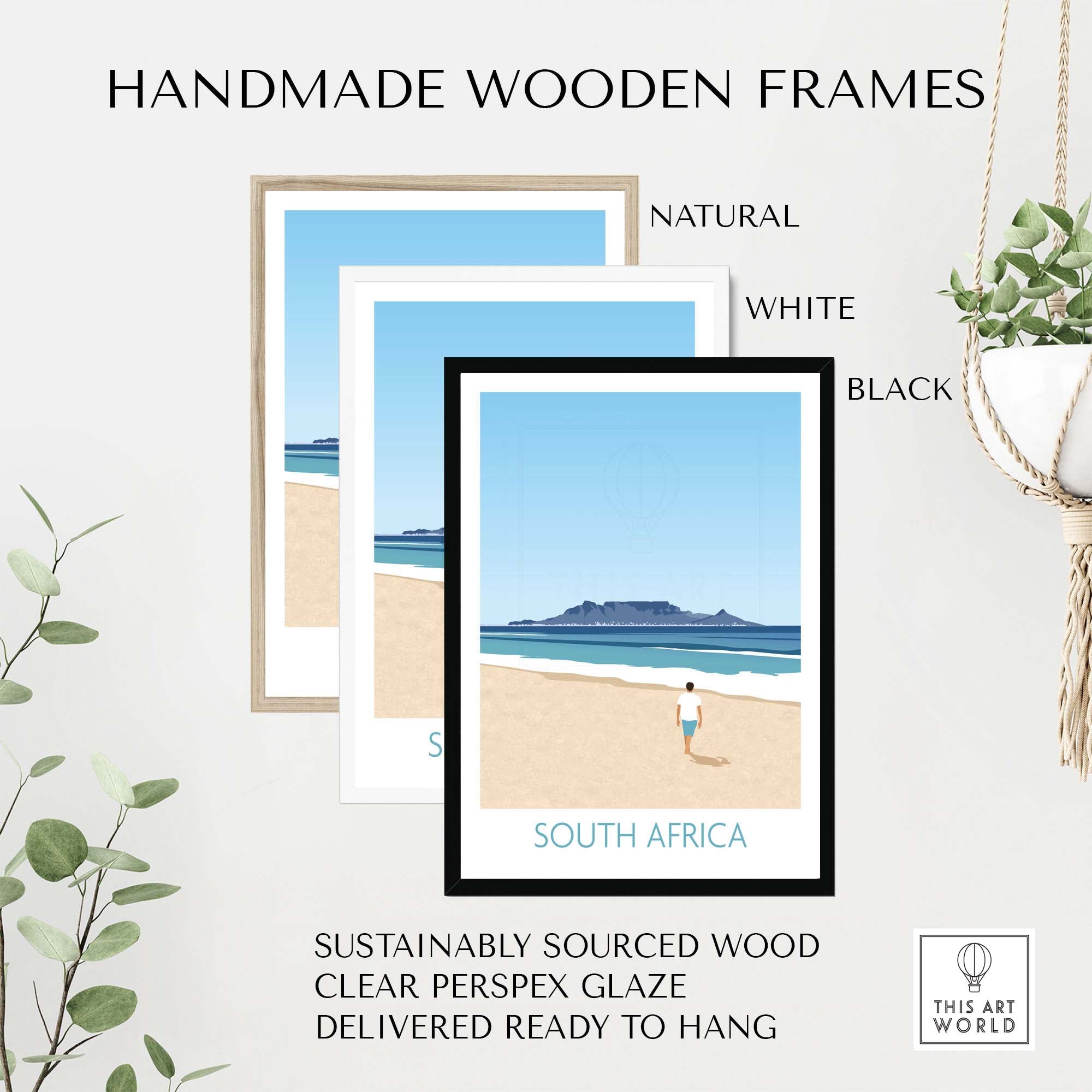Handmade wooden frames for South Africa Wall Art Print in natural, white, and black finishes, sustainably sourced and ready to hang.