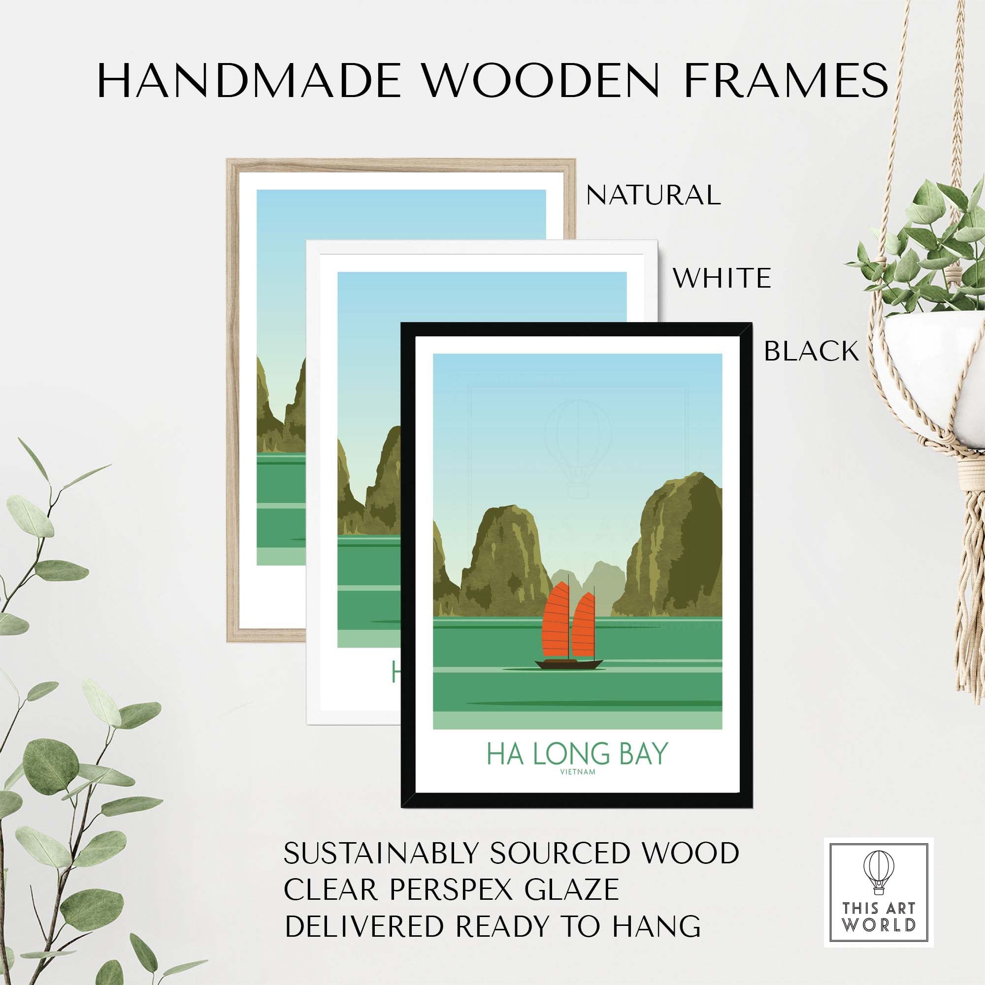 Handmade wooden frames in natural, white, and black for Ha Long Bay print, made from sustainably sourced wood.