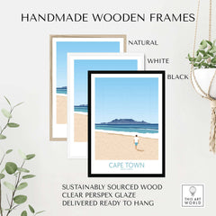 Handmade wooden frames in natural, white, and black for Cape Town wall art print, featuring sustainable materials and clear glaze.