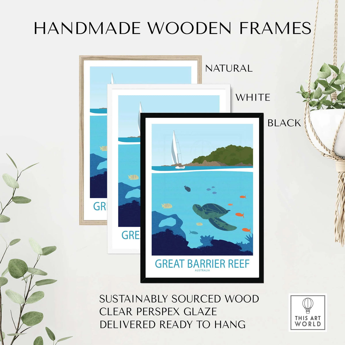 Handmade wooden frames for Great Barrier Reef poster in natural, white, and black finishes, ready to hang.