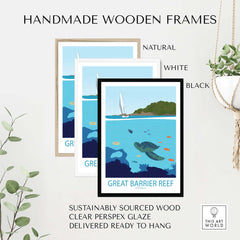 Handmade wooden frames for Great Barrier Reef poster in natural, white, and black finishes, ready to hang.