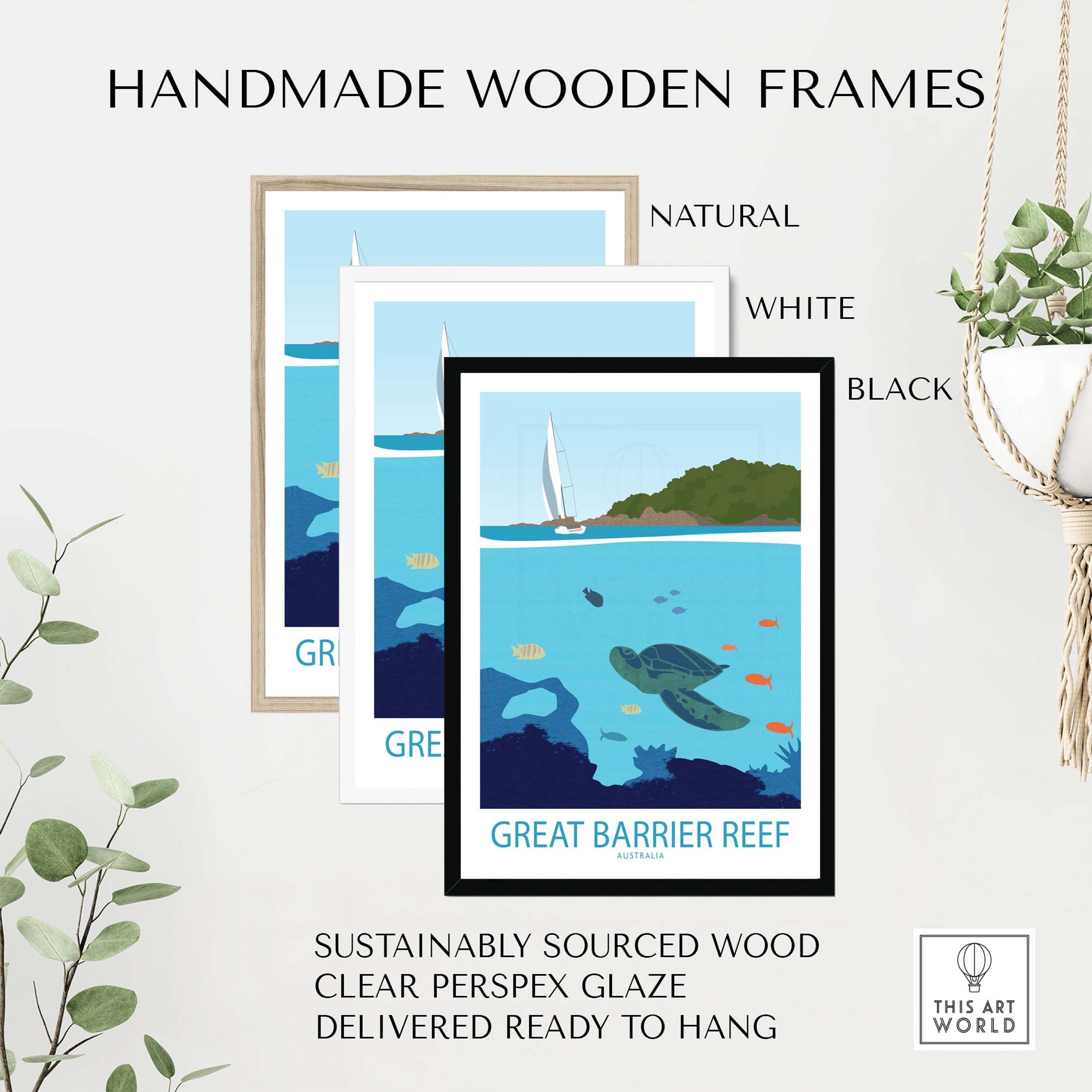 Handmade wooden frames for Great Barrier Reef poster in natural, white, and black finishes, ready to hang.