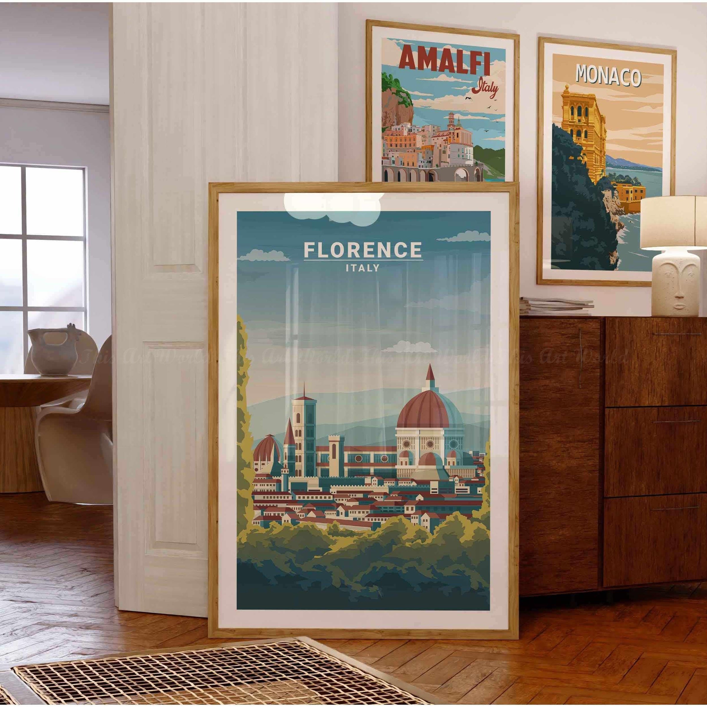 Florence Wall Art Print featuring iconic skyline of Florence, Italy in vintage minimalist style, framed decor for home or office.