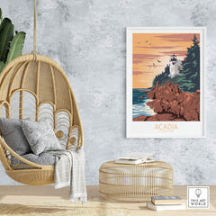 Acadia Poster Print Wall Art in a cozy living space featuring a lighthouse and ocean view, styled with a hanging chair.