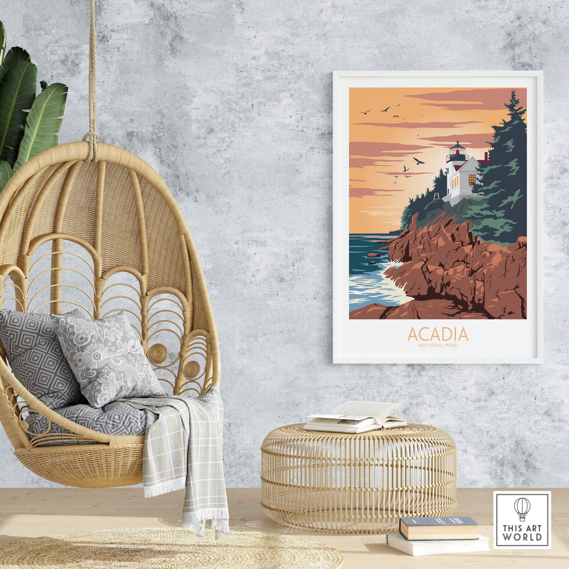 Acadia Poster Print Wall Art in a cozy living space featuring a lighthouse and ocean view, styled with a hanging chair.