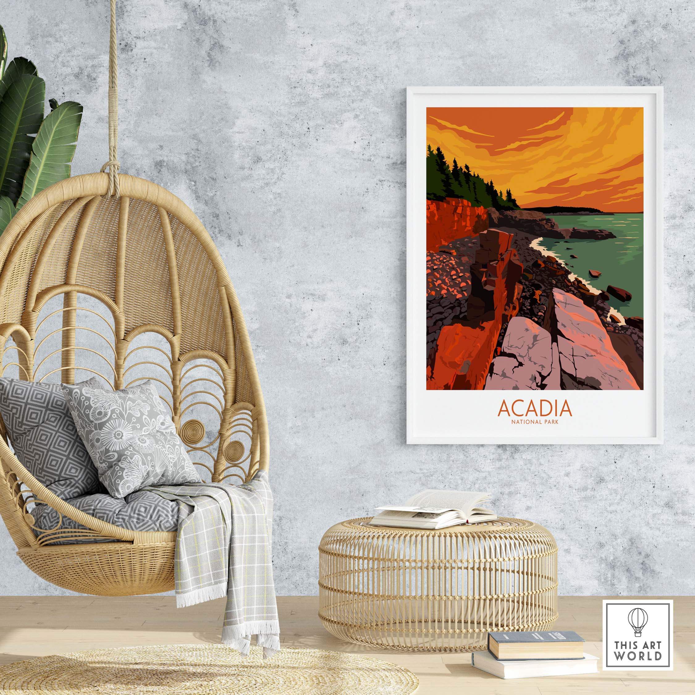 Acadia Print Wall Art Poster displayed in a cozy living space with a hanging chair and natural decor.