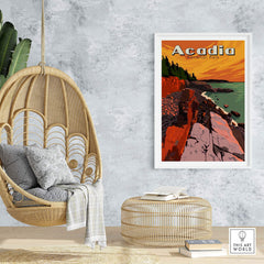 Acadia National Park Print displayed in a stylish home setting with a hanging chair and decorative elements.