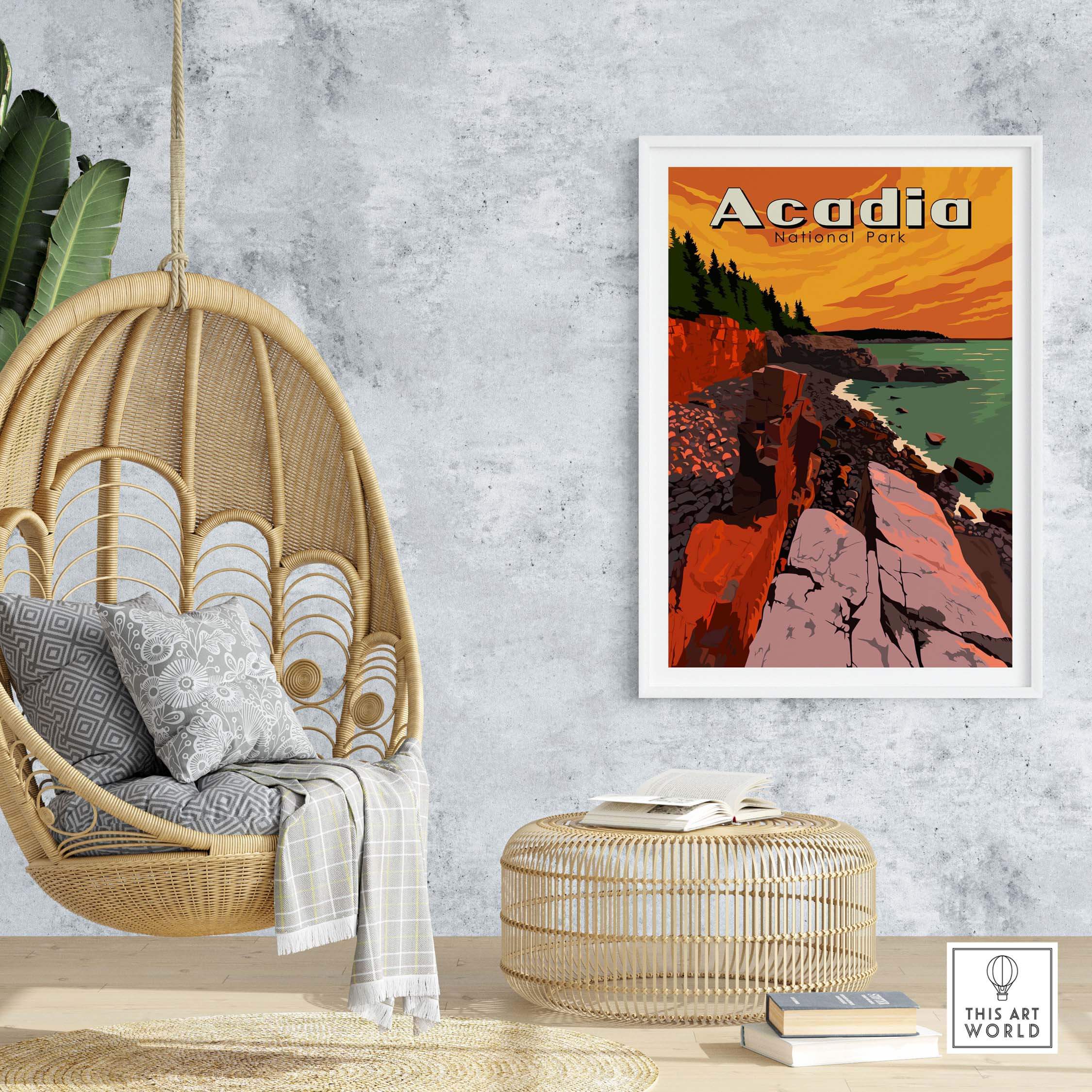 Acadia National Park Print displayed in a stylish home setting with a hanging chair and decorative elements.