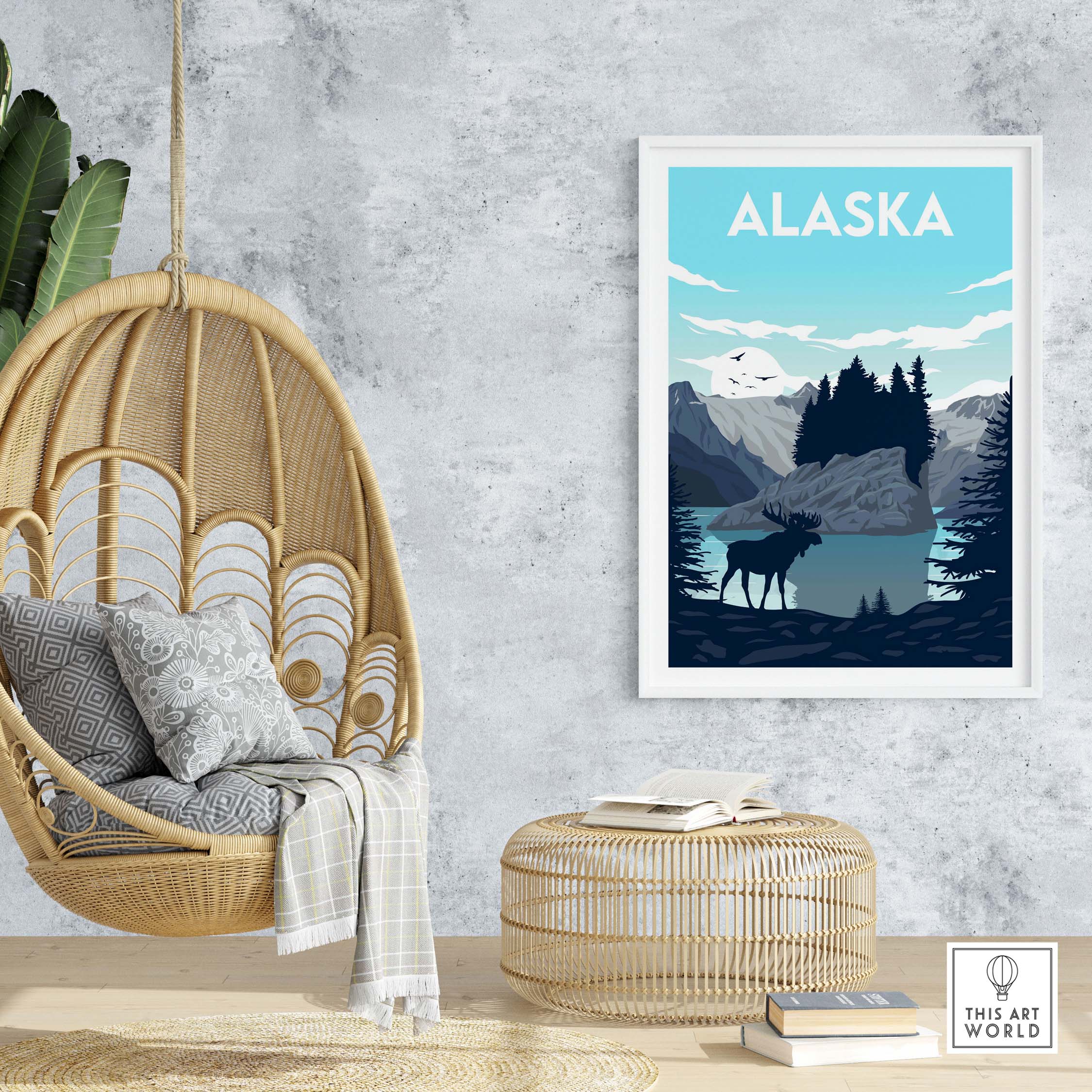 Alaska wall art poster featuring mountains and a moose in a vibrant, colorful design, perfect for nature lovers.