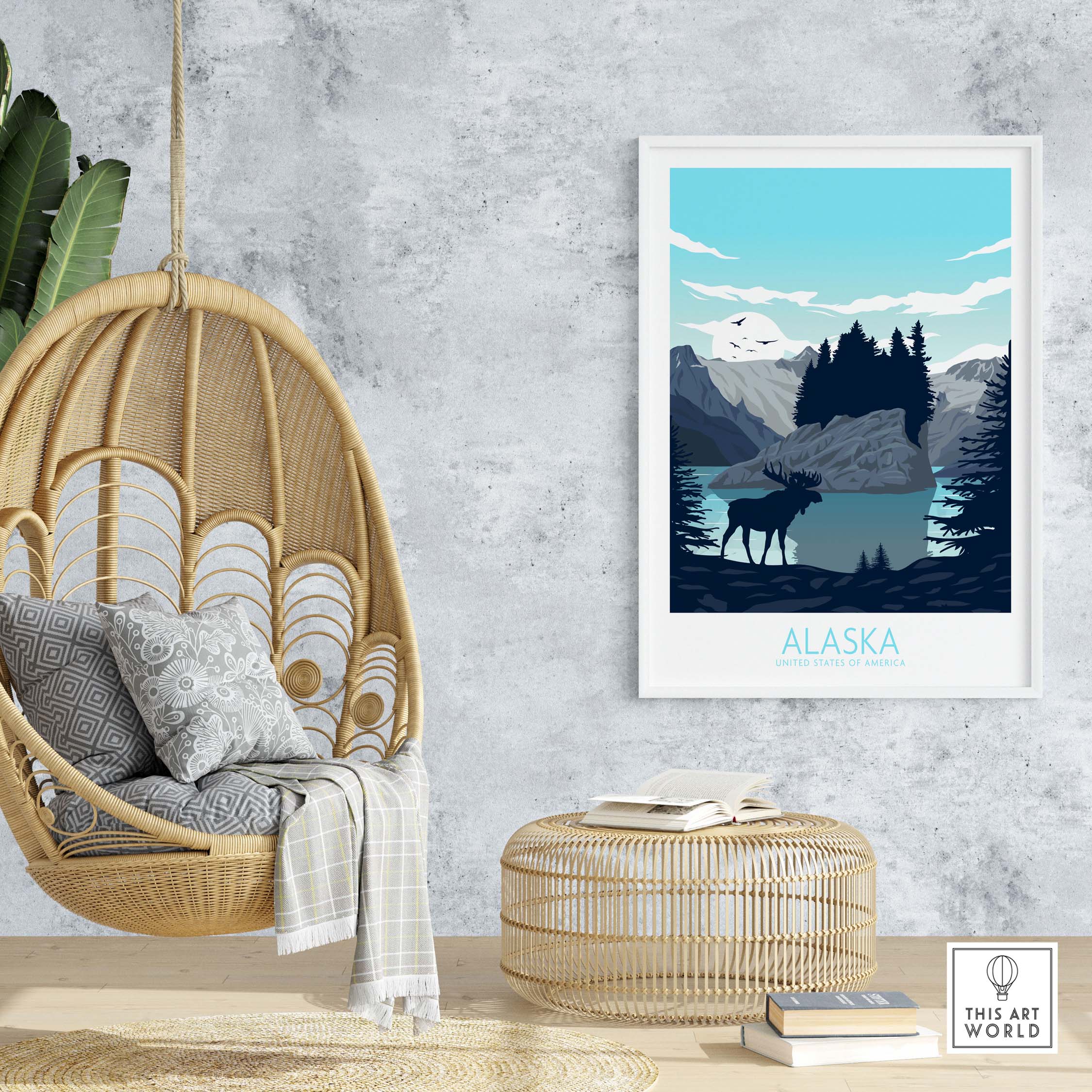 Alaska travel poster featuring a moose, mountains, and lake, ideal for home or office decor.