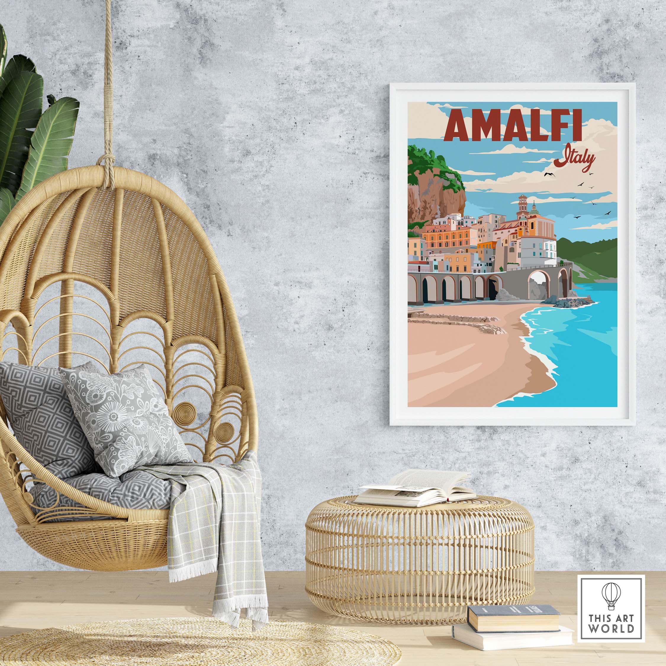 Amalfi Coast Italy vintage print wall art in stylish home setting with hanging chair and decorative elements.