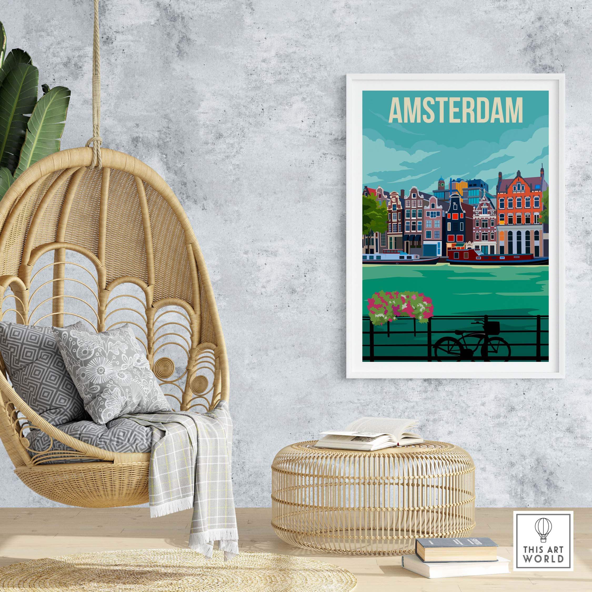 Amsterdam vintage print poster featured in stylish interior with a hanging chair and decorative elements.