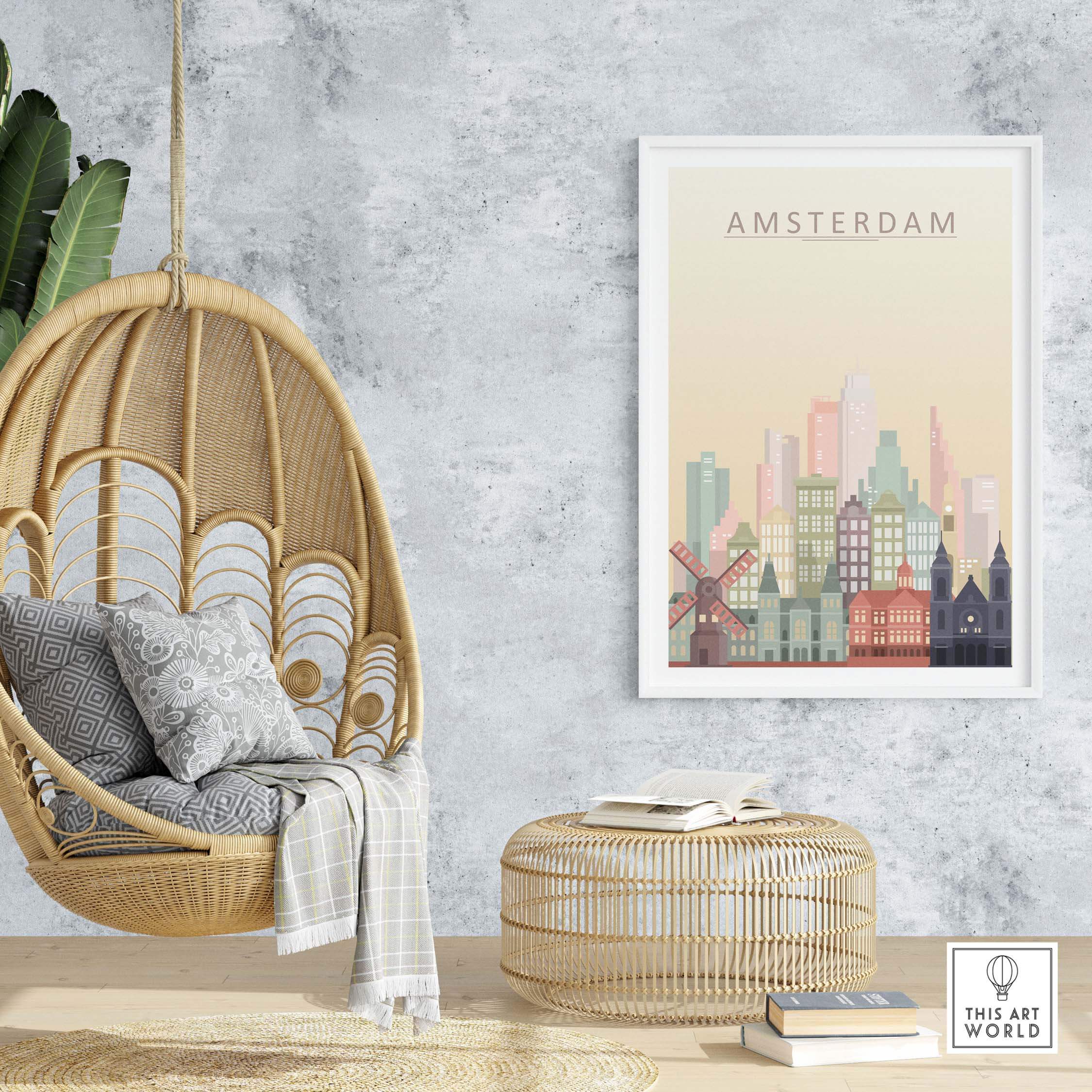 Amsterdam skyline print wall art featuring canal houses and windmills in pastel colors, perfect for home decor.