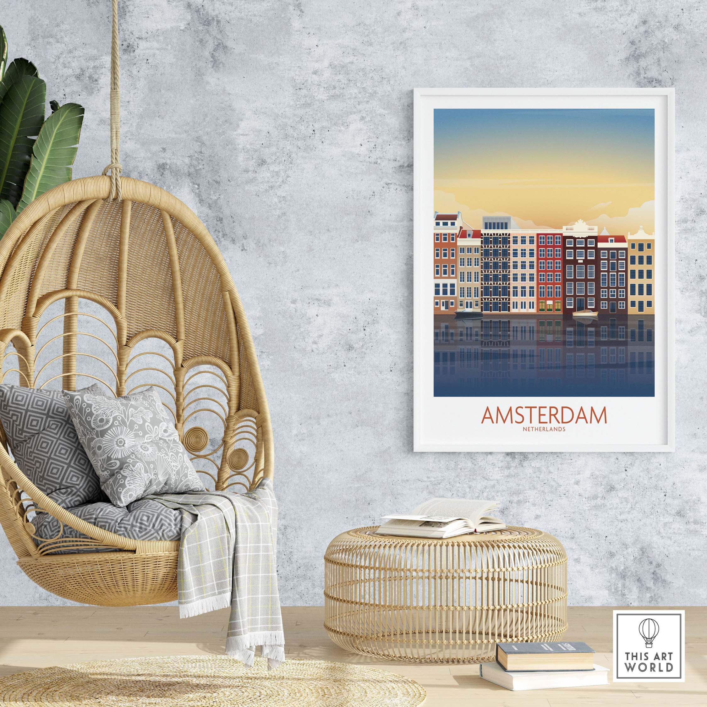 Amsterdam wall art print featuring colorful buildings and a warm sunset, enhancing modern home decor.