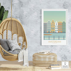 Amsterdam Print artwork featuring colorful canal houses, perfect for home or office decor.