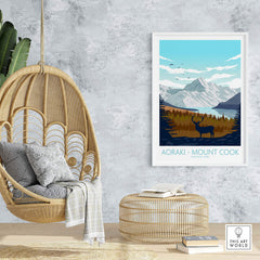 Mount Cook Aoraki poster featuring a serene landscape with mountains, trees, and a deer, perfect for home decor.