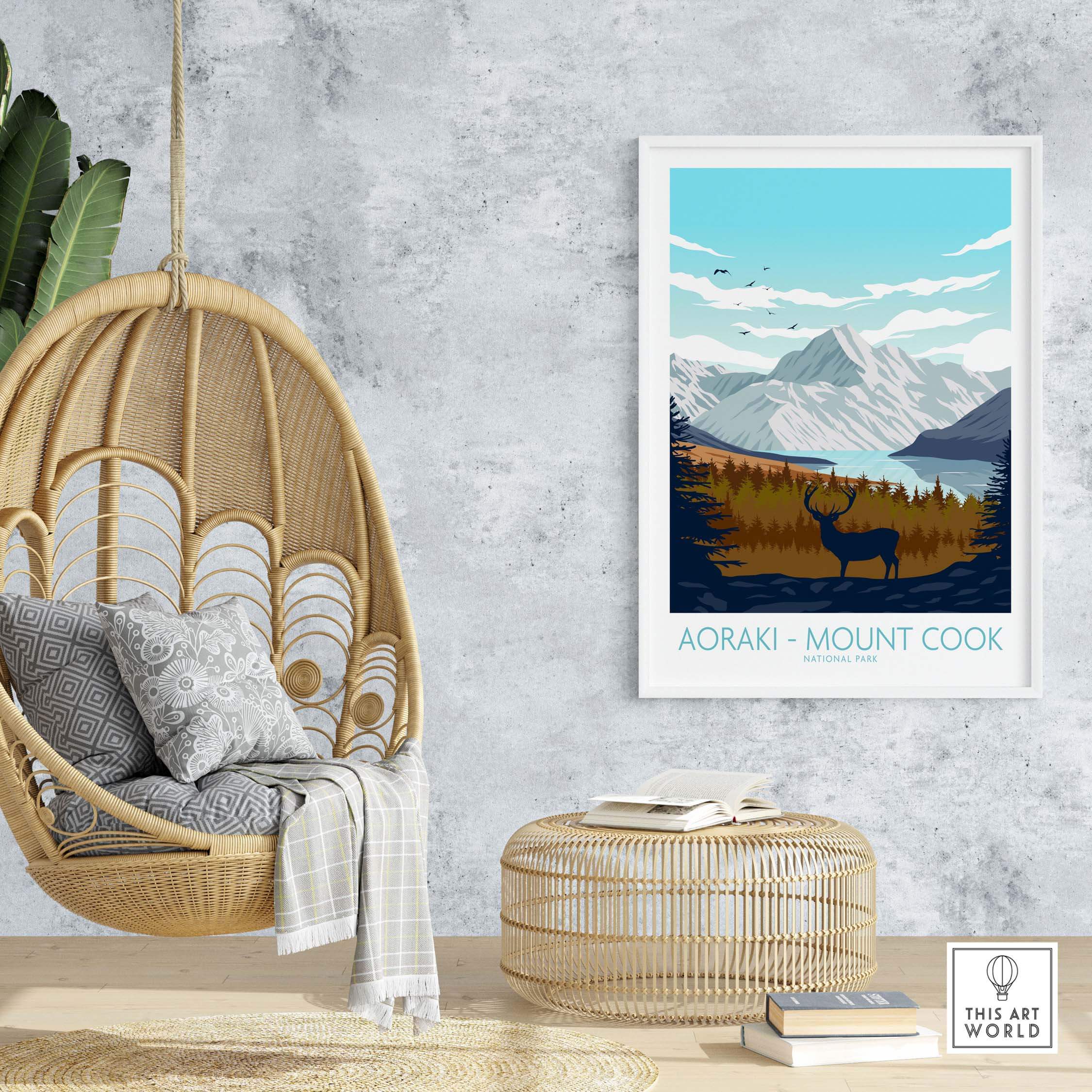 Mount Cook Aoraki poster featuring a serene landscape with mountains, trees, and a deer, perfect for home decor.