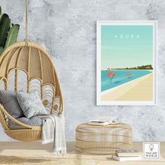 Aruba Wall Art Print featuring flamingos by the beach in a stylish minimalist design, perfect for home decor.